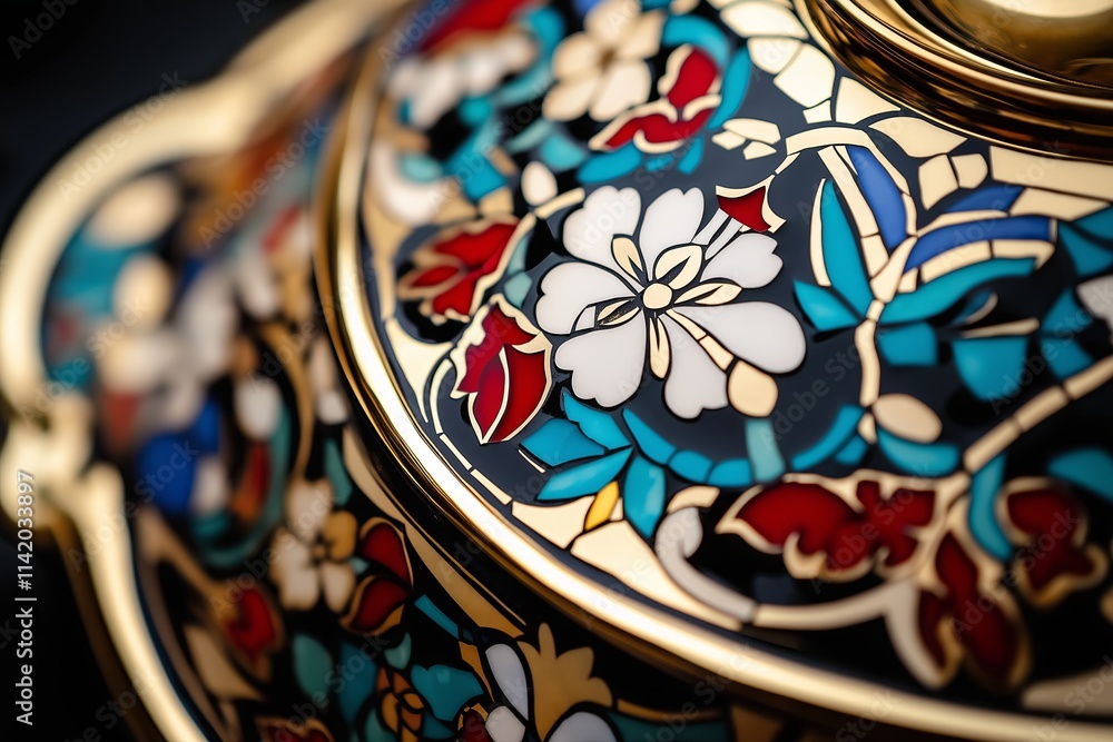 Poster a close-up of a vibrant turkish mosaic lamp with intricate designs.