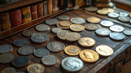 Antique Coins Resting on a Wooden Surface Near Old Books