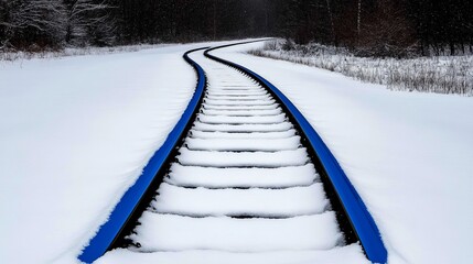 Obraz premium Winter Railway: A curving railway track, painted vibrant blue, cuts through a pristine snow-covered landscape. The scene evokes a sense of journey and quiet solitude.