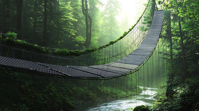 Fototapeta Lush green jungle with a suspended rope bridge over a stream.