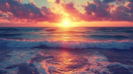 Beautiful sunset over the ocean with waves and reflections