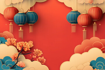 .Chinese new year design with moon, hanging lanterns, cloud, flower, decorated Chinese style.