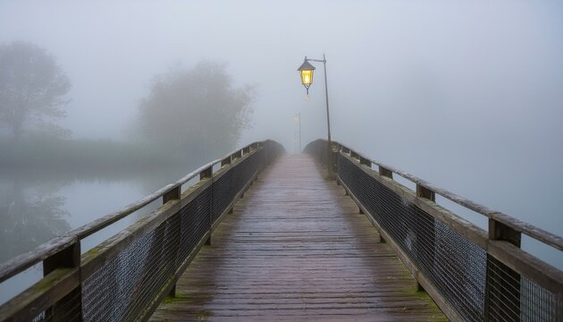 A quiet little bridge visible in the thick fog, with a dim light hanging at its tip
