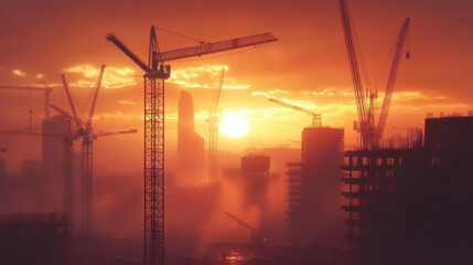 Breathtaking Sunset Over Urban Construction Site with Cranes Silhouetted Against a Vibrant Orange Sky and Low-Hanging Fog in a Growing City