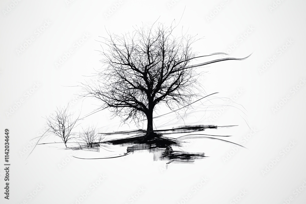 Poster a black-and-white minimalist line drawing of a leafless tree.