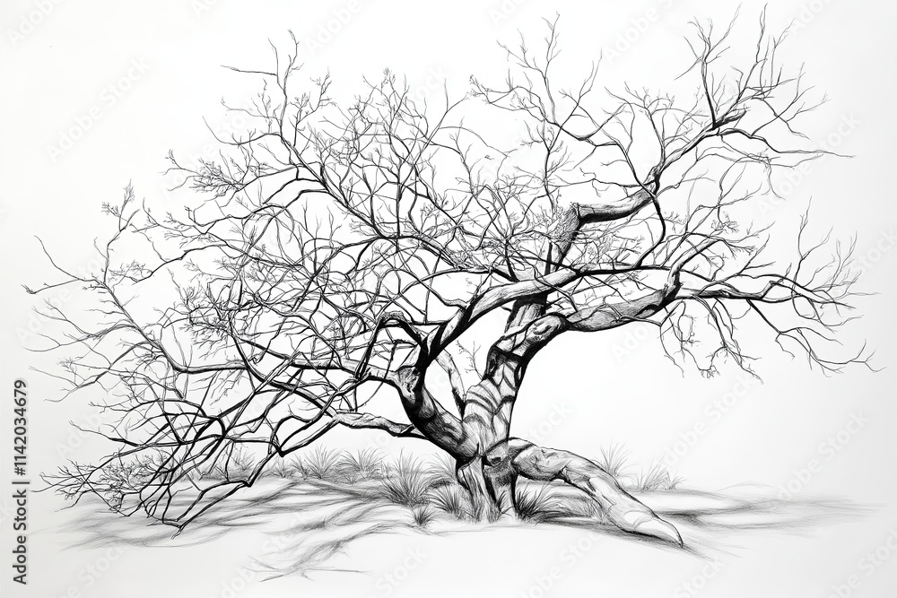 Poster a black-and-white minimalist line drawing of a leafless tree.