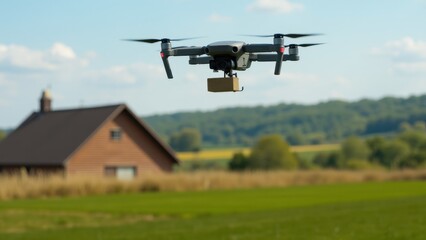 A drone hovering above a rural farm, monitoring fields and delivering supplies to remote areas