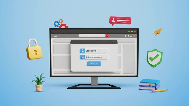 Cyber security, encryption, data protection, secure data privacy. Account login safety. Online authentication concept. User account login page with strong password on a 3D computer. 4K 3D animation