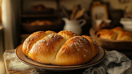 Golden Crusty Bread Loaf On Rustic Plate