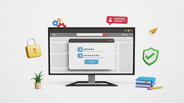Cyber security concept. Web page login, secure access to user's personal information, data protection and secured internet access. Login page with username and password on 3D computer. 4K 3D animation