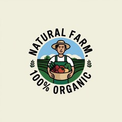 Natural Farm Logo Featuring Farmer Holding Organic Vegetables