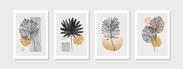 Abstract geometric shapes poster set in 1950s mid century style. Modern illustration: tropical palm leaf, geometry elements for minimal print, poster, boho wall decor, flat design Vector minimal art