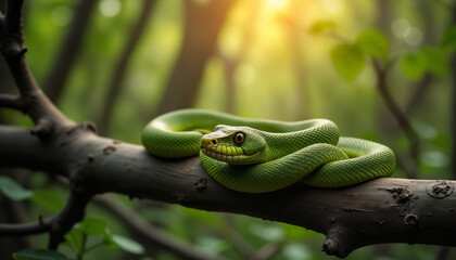 Naklejka premium Green Snake Relaxing on a Branch in Lush Forest