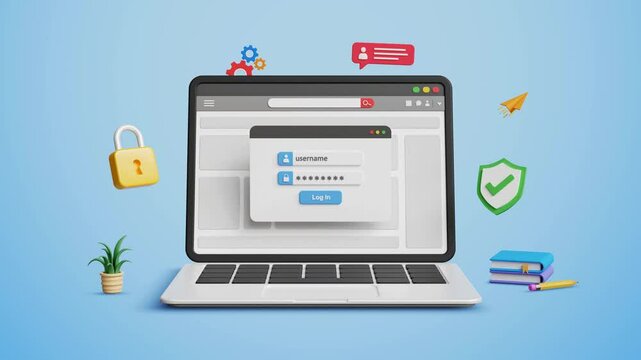 Cyber security, encryption, data protection, secure data privacy. Account login safety. Online authentication concept. User account login page with strong password on a 3D laptop. 4K 3D animation