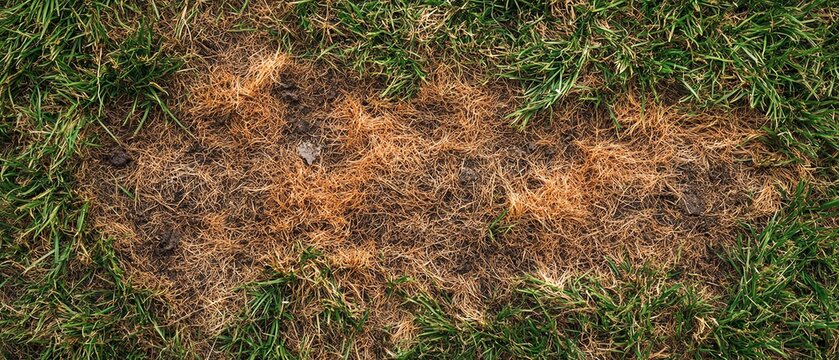 Turf with brown patches from lawn disease, grub damage and chinch bug infestation, dry and unhealthy grass, detailed garden problem, hyperrealistic textures, 8K clarity