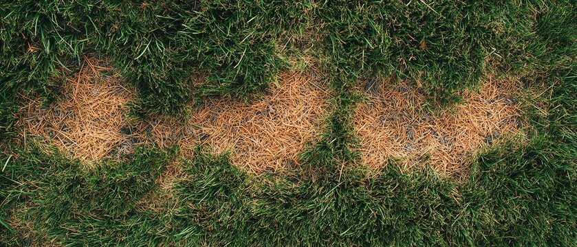 Turf with brown patches from lawn disease, grub damage and chinch bug infestation, dry and unhealthy grass, detailed garden problem, hyperrealistic textures, 8K clarity