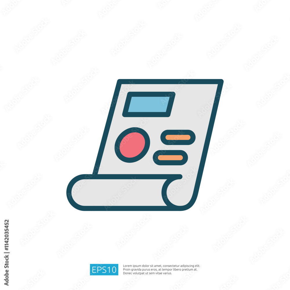 Poster a stylized graphic representation of a document or report, featuring buttons and indicators, suggest