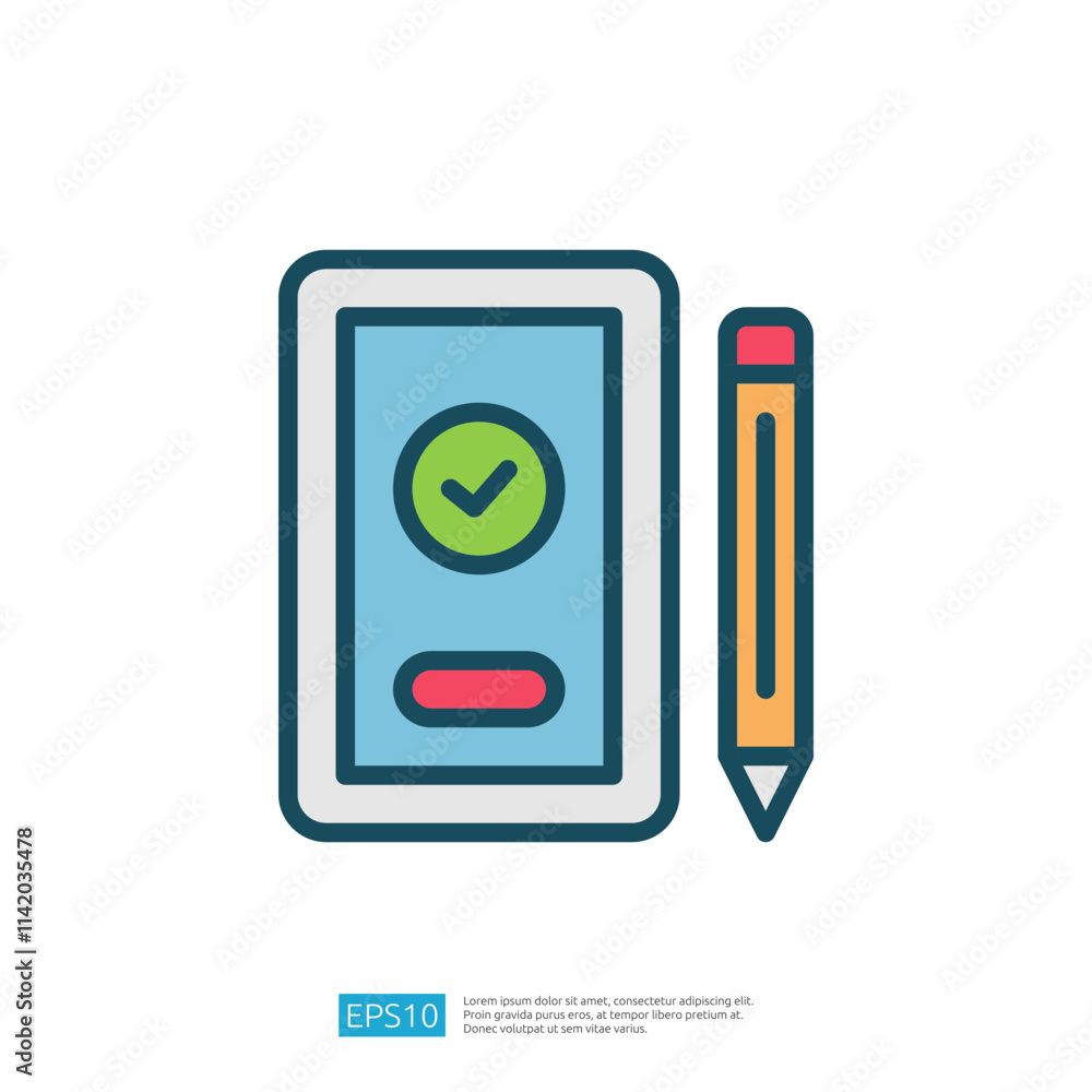Poster a digital device with a checkmark and a button, accompanied by a pencil, symbolizes note-taking or t