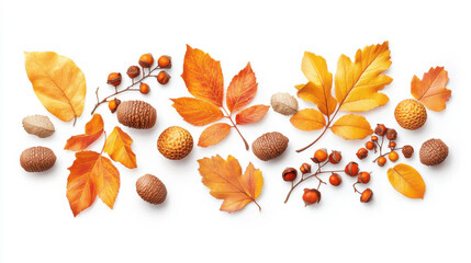 Fototapeta premium Vibrant golden autumn leaves, burnt orange berries, and textured acorns arranged in a cozy seasonal graphic. Simple white background, perfectly separated with defined edges, rich warm tones, stylized 