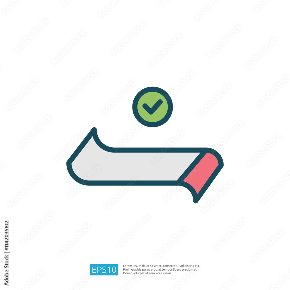 Poster a simple graphic design featuring a curved ribbon with a red end and a green checkmark above it, sym