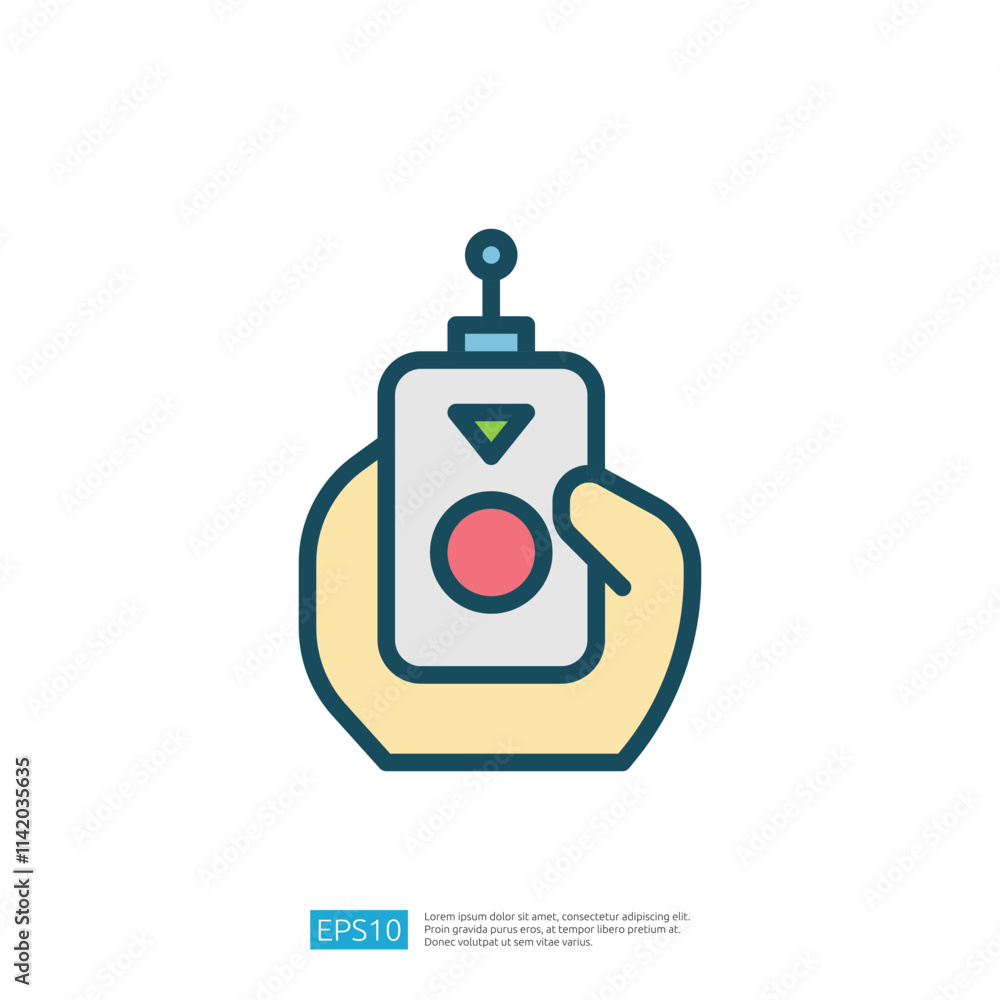 Poster a hand holding a remote control with a circular button and an antenna, suggesting operation or contr
