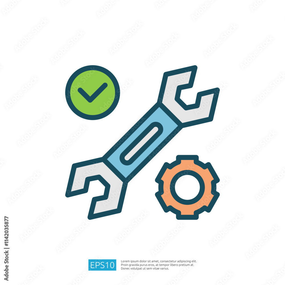 Poster the image features a wrench symbol alongside a gear and a checkmark, representing tools, mechanics, 