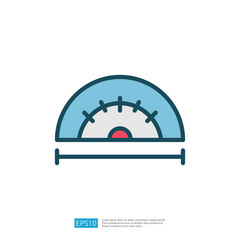 The image depicts a simple, stylized protractor, used for measuring angles in geometry, featuring a semi-circular shape and clear markings.