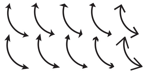 Dual sided curved arc arrow shape. Double ended arrow illustration. Horizontal dual sided long straight arrow signs. Black, red, stock pointer, direction, position symbol and double arrow icon .
