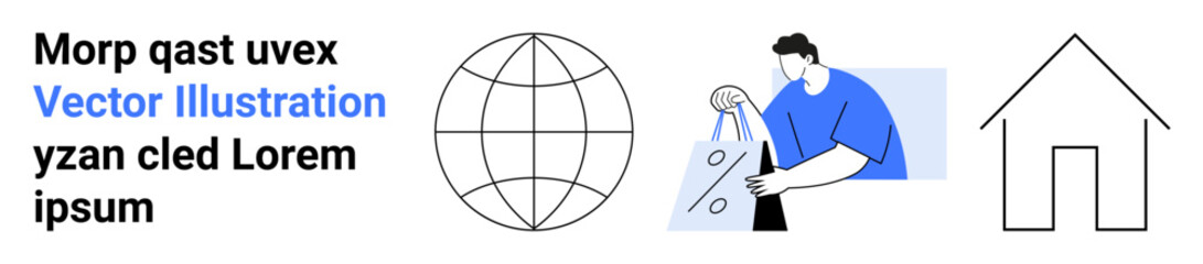 Man holding shopping bags, globe with interconnected lines, simple house sketch. Ideal for e-commerce, online shopping, global business, home delivery, international trade, digital marketing