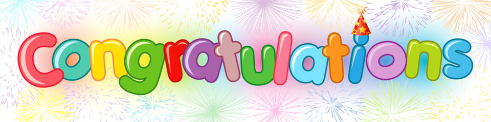 Holiday congratulating banner. Horizontal design. Party decoration. Online button. Decorative concept. Editable vector template. Festival decor. Colourful background with bluring spots and fireworks.