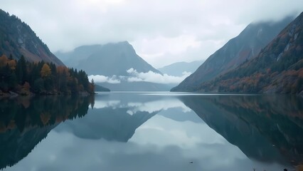 A beautiful lake with fog. Mountains, forest and clouds are reflected in the water surface. Norwegian dark landscape.  The concept of travel and recreation