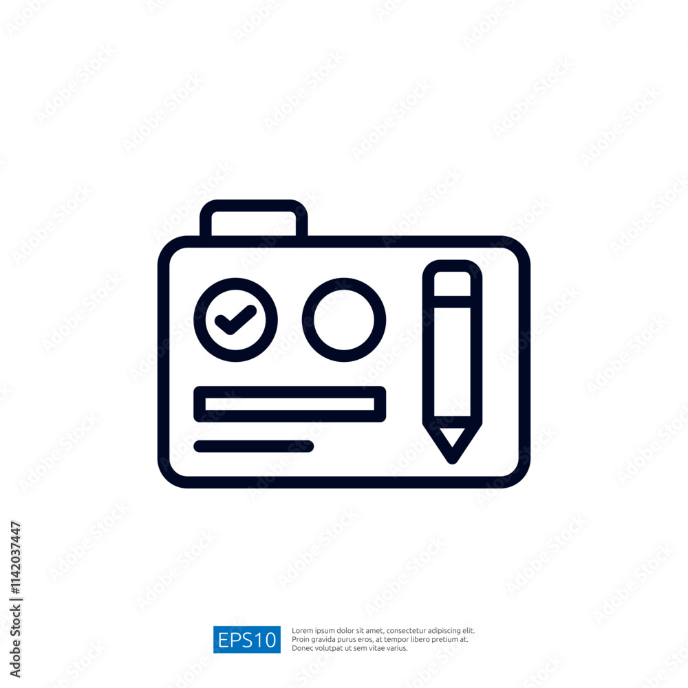Aufkleber a simple graphic representation of an identification card featuring a checkmark, circles, and a penc