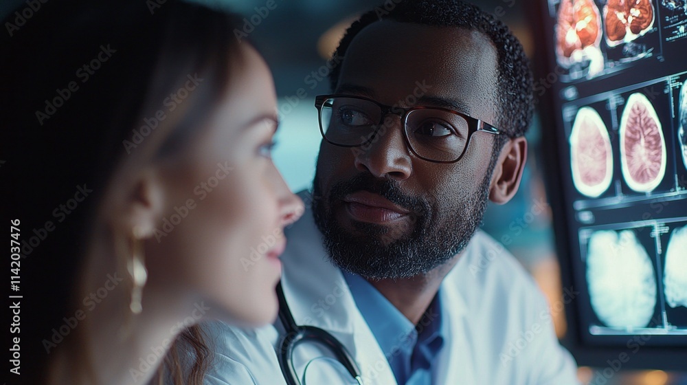 Poster a man and a woman are looking at a computer screen with a picture of a brain