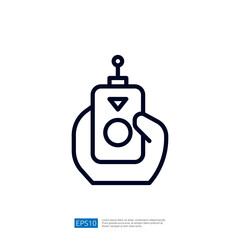 A minimalist illustration of a hand holding a remote control device, featuring a circular button and an antenna, suggesting functionality in technology or entertainment.