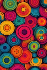 A vibrant abstract design featuring colorful concentric circles in various sizes and hues.