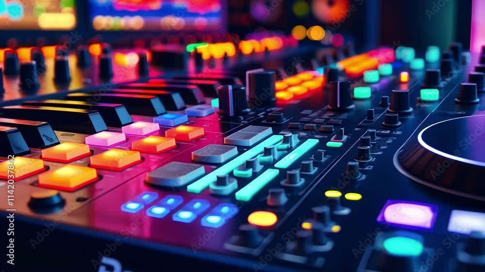Poster close up view of a professional audio mixer featuring illuminated controls and keys, creating a vibr