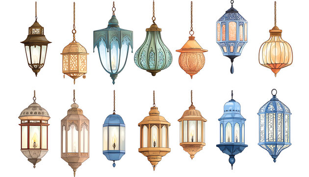 Watercolor Arabic lanterns glowing on a white background Muslim Ramadan Kareem  Eid celebration.