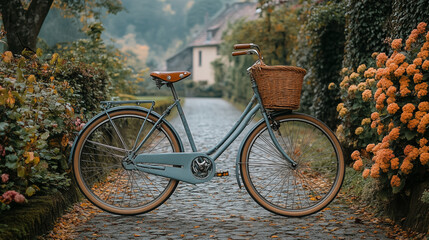 Fototapeta premium Vintage Bicycle on Cobblestone Road in Picturesque Autumn Setting