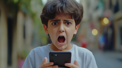 Middle Eastern boy reacts with surprise while gripping his smartphone in a bustling street