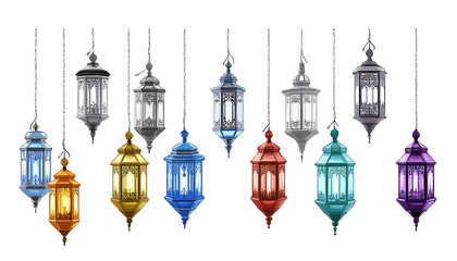 Obraz premium Watercolor Arabic lanterns glowing on a white background Muslim Ramadan Kareem Eid celebration.