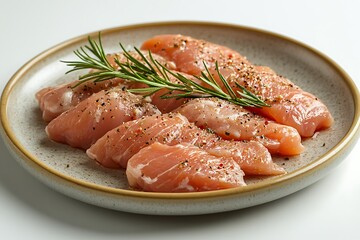 Raw slice of meat with spices and rosemary on wooden background. Selective focus.