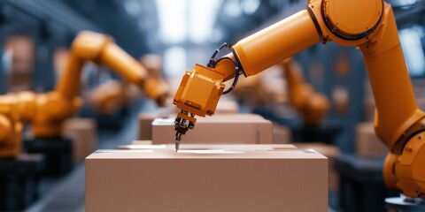 Efficiency increase speed innovation concept. Automated robotic arms packaging boxes in a modern warehouse setting, showcasing advanced technology and efficiency in logistics.