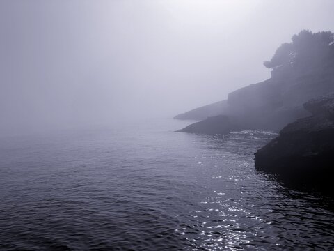 Fog over ocean and rocks at morning