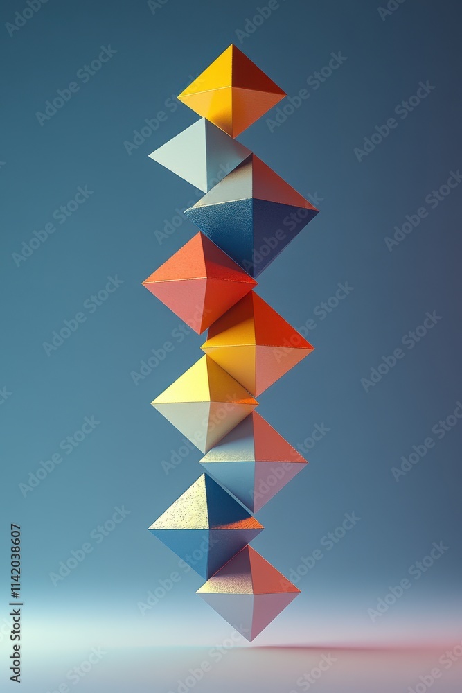 Poster a visually striking arrangement of colorful geometric pyramids stacked vertically against a gradient