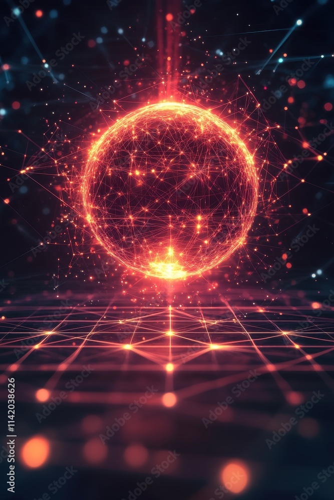 Poster a glowing spherical network of interconnected nodes and lines, symbolizing digital connectivity and 