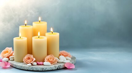 Soft Spa Candles Arrangement, Softly Glowing Spa Candles on Marble Surface