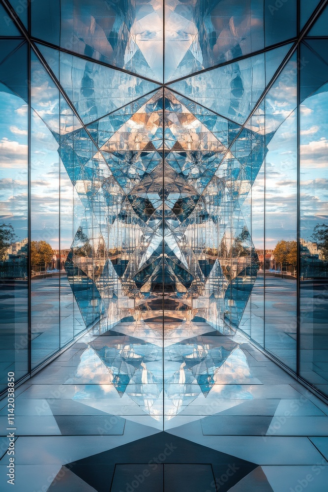 Poster captivating geometric reflections in a contemporary glass structure, creating an illusion of depth a