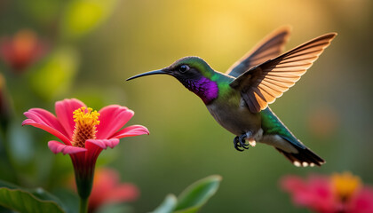 Naklejka premium Hummingbird Hovering Near Colorful Flower