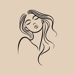 Minimalist line art of a serene woman with flowing hair, beige background