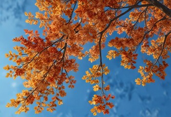 The delicate branches of a pear tree are adorned with vibrant autumn leaves against the bright blue backdrop of a clear sky , landscape, , branch
